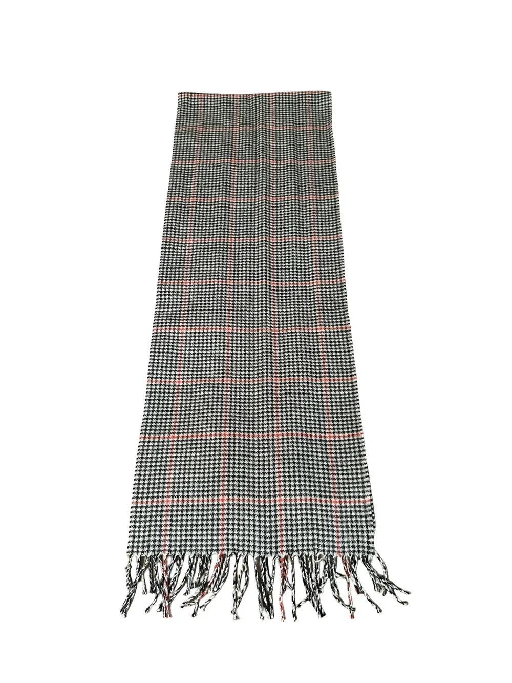 Lands' End Plaid Scarf Black White Red Houndstooth Fringe Winter Classic Cozy